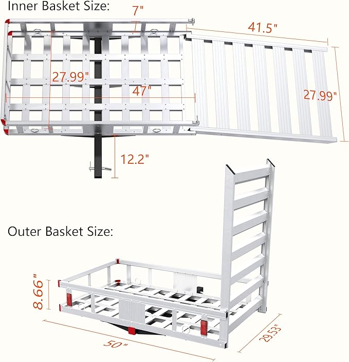 Aluminum Hitch Cargo Carrier with Ramp, 50" x 29.5" x 8.7" Trailer Hitch Cargo Carrier Hitchs Mount Cargos Hitchs Carriers, 500lbs Capacity, Fit 2" Receiver for Suvs Trucks Vans Pickups Camping