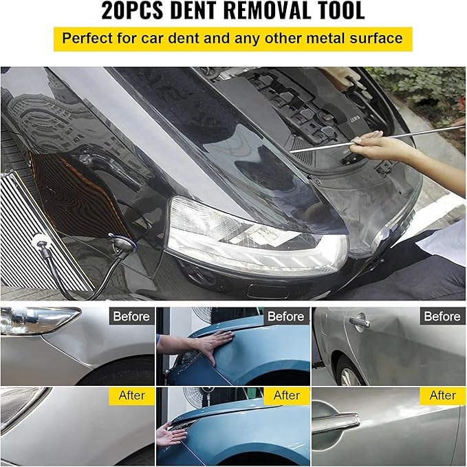 VEVOR Rods Dent Removal Kit, 20 Pcs Paintless Dent Repair Rods, Stainless Steel Dent Rods, Whale Tail Dent Repair Tools, Professional Hail Dent Removal Tool For Minor Dents, Door Dings And Hail Damage