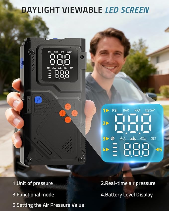 PAULINN Jump Starter with Air Compressor, 150PSI 6000A Car Jumper Starter Portable(All Gas/10L Diesel) with Tire Inflator, 12V Charger Booster