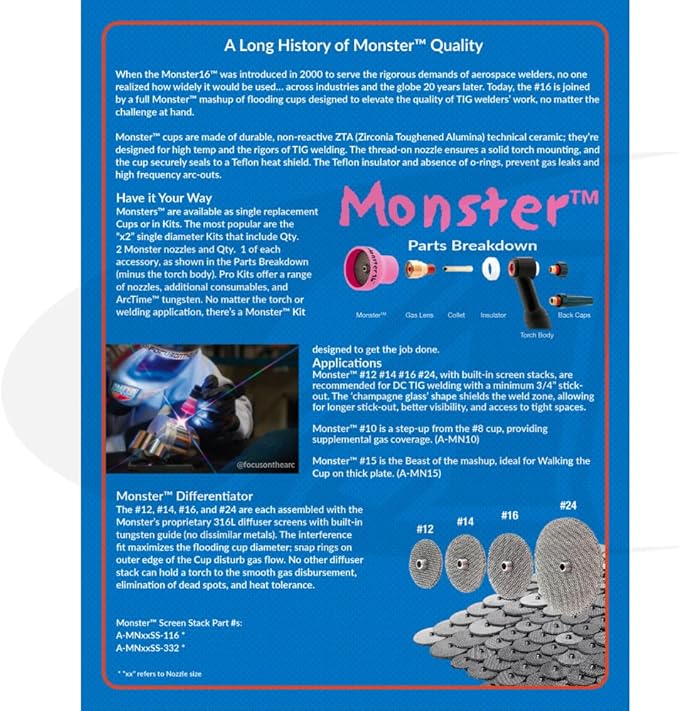 Monster #16 Ceramic Alumina TIG Cup Gas Nozzle for Welding Torch, 1" Orifice x 1" Long - 2 Pack