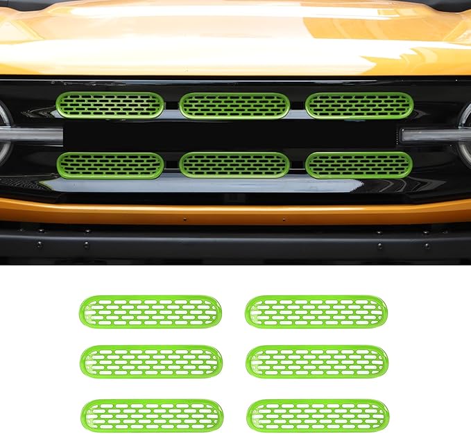 Front Grill Mesh Grille Inserts Cover Frame Trims Kit 6Pcs Fit for Ford Bronco 2021-2025 2/4 Door Exterior Accessories (Green)