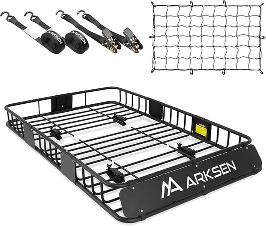 ARKSEN 64 x 39 x 6 Inch Universal 150LB Heavy Duty Roof Rack Cargo with Cargo Net & Ratchet Straps, Car Top Luggage Holder Carrier Basket for SUV, Truck or RV Camping Storage Steel Construction
