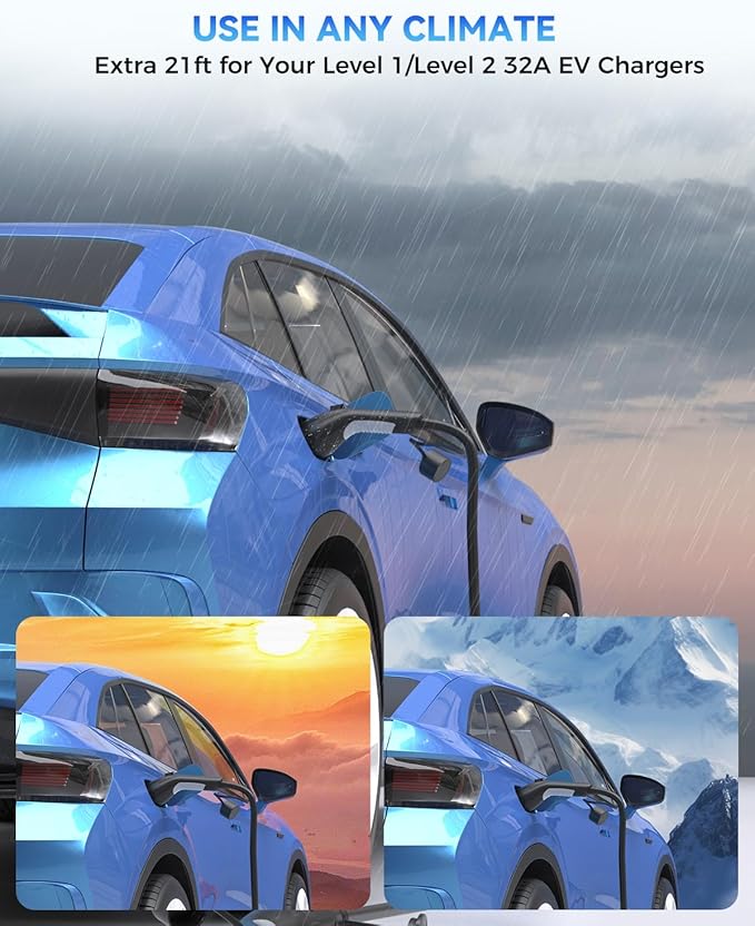 EV Charger Extension Cable, 21ft 32Amp J1772 Extension Cable Compatible with 110V-240V SAE J1772 EV Chargers, Suitable for J1772 EVs/PHEVs, Level 1/ Level 2 IP66 Car Charger Extension Cord with Bag