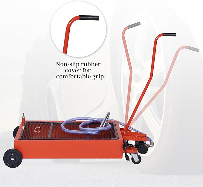 17 Gallon Oil Drain Pan with Electric Pump, Low Profile Oil Pans for Truck, Car Changing Oil, Foldable Handle/7 Ft Evacuation Hose/Swivel Casters Wheels