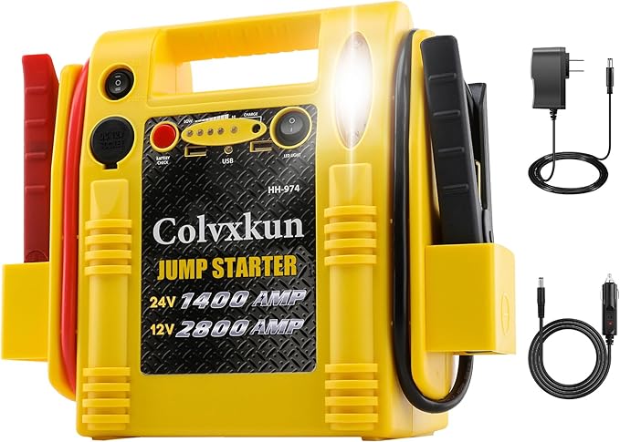 12V/24V Jump Starter,2800/1400 Peak Amp,Battery Jump Starter for Truck Car Tractor Excavator,Pure Copper Jumper Cables,Jump Box Includes Dual USB and DC Ports Power,LED Work Light
