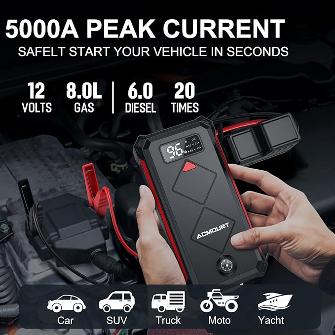 Acmount P100 Car Jump Starter, 5000A Peak Lithium Jump Starter Battery Pack for Up to 10.0L Gas or 8.0L Diesel Engine, Safe 12V Portable Battery Starter Power Pack with LED Screen & LED Light