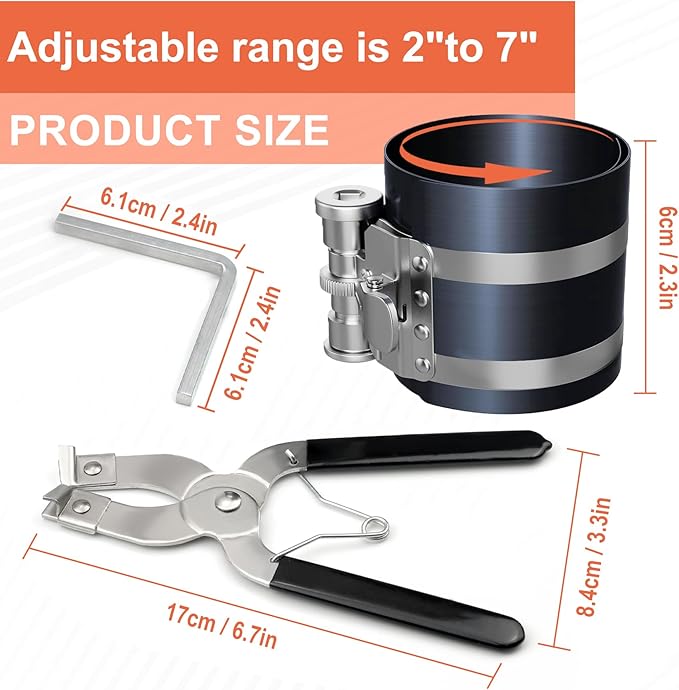 Piston Ring Compressor with Piston Installer Plier,Car Engine Compress Piston Ring Removal Installer Kit, Adjustable Size 2 Inch to 7 Inch Diamete