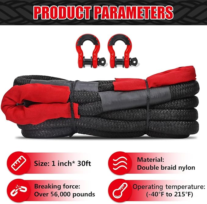 1" x 30' Kinetic Recovery Rope 56,000lbs with 2 D-Ring Shackles, Heavy Duty Offroad Recovery Kit, Nylon Kinetic Tow Ropes for Trucks, Pickup, Tractor, SUV, UTV, ATV, RV, Black