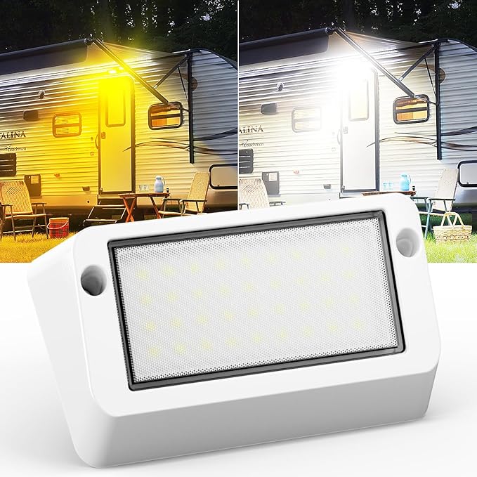 Aluminum RV LED Porch Light- Dual Color Switchable White & Amber, 1400LM Bright Outdoor Light, IP67 Waterproof 12-30V DC, for Campers, Trailers, Motorhomes (White Housing)- 1 Pack