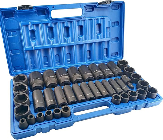 MacWork 39PCS 1/2-Inch Drive Impact Socket Set, CR-V Steel Standard & Deep Socket, SAE, 3/8" to 1-1/2", Universal Joint of 1/2", 6-Point Hex Radius Corner Design