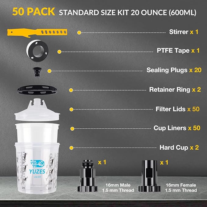 YUZES Paint Mixing Cups System 20 Ounce (600ml), 50 Disposable Paint Cups Liners and Lids, 2 Hard Cup with Retainer Ring, 20 Plugs, PTFE Tape, Paint Stirrer, 2 Cup Adapter for Automotive Paint Gun