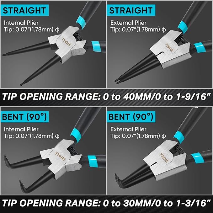 SHALL 4PCS Snap Ring Pliers Set, 7-Inch Internal External Circlip Pliers, Straight Bent C-clip Pliers Lock Ring Pliers, 5/64" Tip, Heavy Duty Reverse Pliers for Ring Remover Retaining w/Portable Pouch
