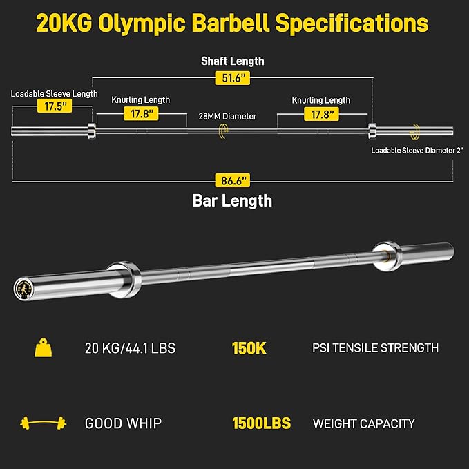 7FT Olympic Barbell, 1500LB Capacity Weight Bar with Knurled Grip, Fits 2” Plates, Straight Bar for Powerlifting, Weightlifting & Bench Press
