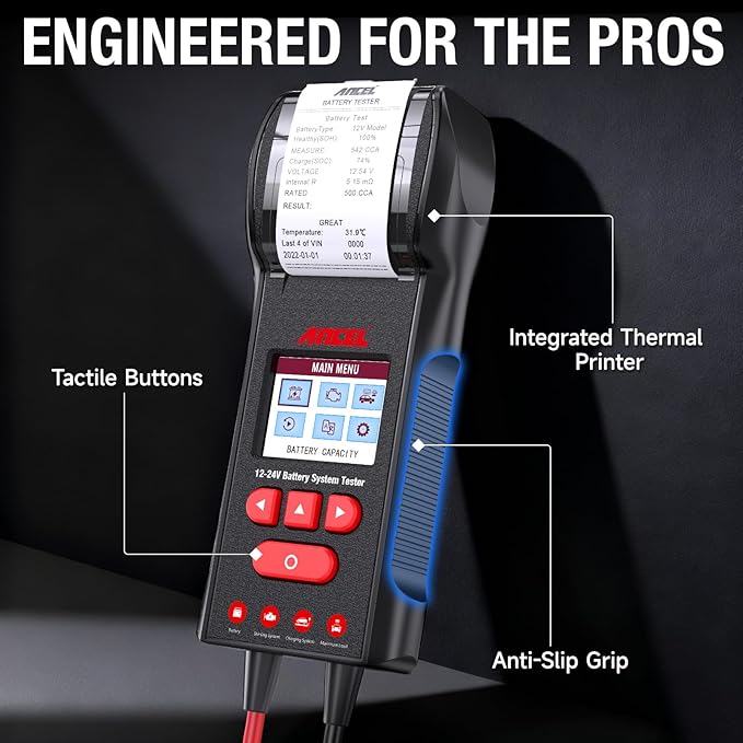 ANCEL BST600 Car Battery Tester with Printer - 12V/24V, 100-2000 CCA, Digital Auto Battery Load Tester - Cranking and Charging System Test for Heavy Duty Truck, Marine, Motorcycles, RVs, SUVs, Boats