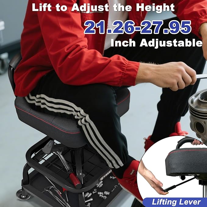 Rolling Shop Stool with Wheels, Garage Mechanic Shop Chair with Handle Backrest, Adjustable Height Work Stool, Roller Seat with Tool Tray Storage, Heavy Duty, 330 LBS Capacity, Black