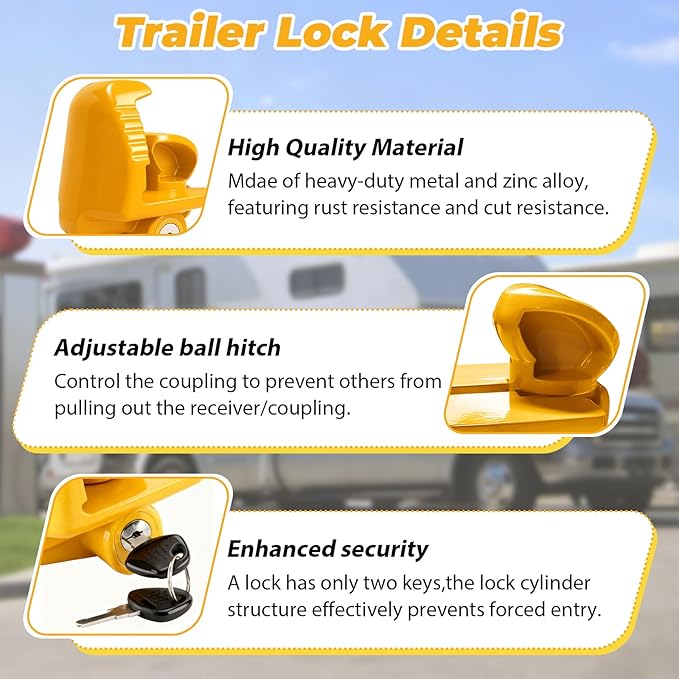 Trailer Hitch Locks with Keys, Universal Size Fit 1-7/8", 2",2-5/16" or 48mm, 51mm,and 59mm Couplers, Zinc Alloy, for Vehicles, Trailers,RVs(Yellow)