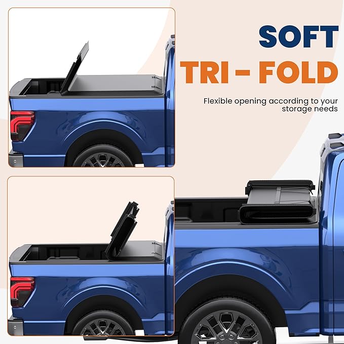 Tri 3-Fold 5.5 FT Soft Folding Truck Bed Tonneau Cover On Top Compatible with 2015-2025 Ford F150 F-150 Bed 3 Fold Styleside w/LED Light Strip