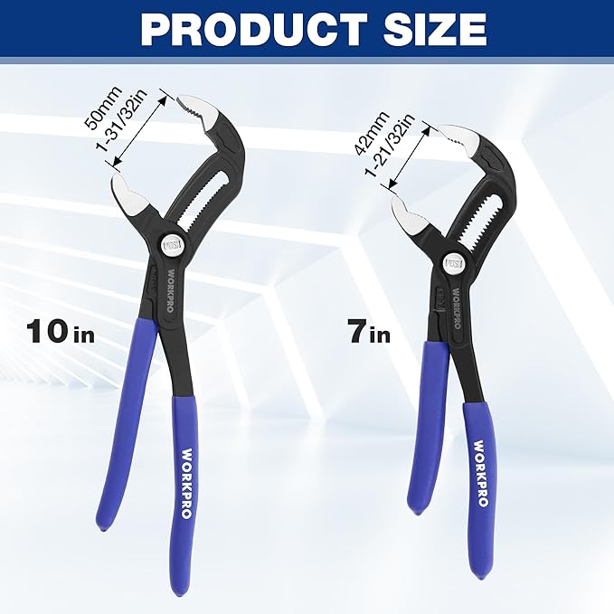 WORKPRO 7" & 10" Groove Joint Pliers Set, V-Jaw Quick Adjustable Pliers, CR-V Steel, Upgraded Wide Opening, Dual Serrated, Water Pump Plier for Home & Industrial Repair, Soft Grip
