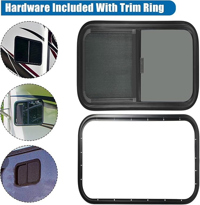 Horizontal RV Window, 24" W x 20" H Tinted Sliding RV Window with Net Screen and Trim Ring, Suitable for 15/16" or 1-3/8" and Slightly Thicker Up to 1/16" Walls, DOT Approved