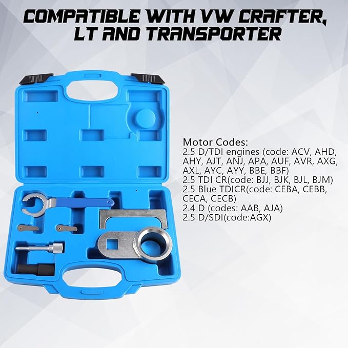 7 PCS Camshaft Locking Adjust Tool Kit for Volkswagen T4 Transporter Crafter LT 2.4D 2.5 TDI CR Diesel Engine, w/Blow Molded Case, Replaces T10025/3248/3419/T50009/2064/2065A/3355