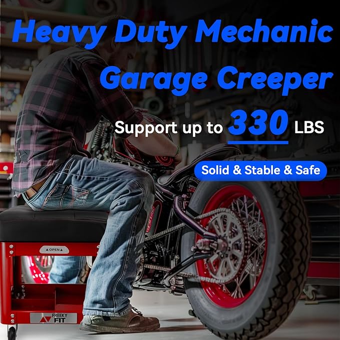 Rolling Creeper Garage Shop Seat for Men, Padded Mechanics Stool with Tool Tray Storage for Garage, Rolling Workshop Stool with Wheels, Auto Creeper Seat, 330 LBS Capacity, Heavy Duty, Red