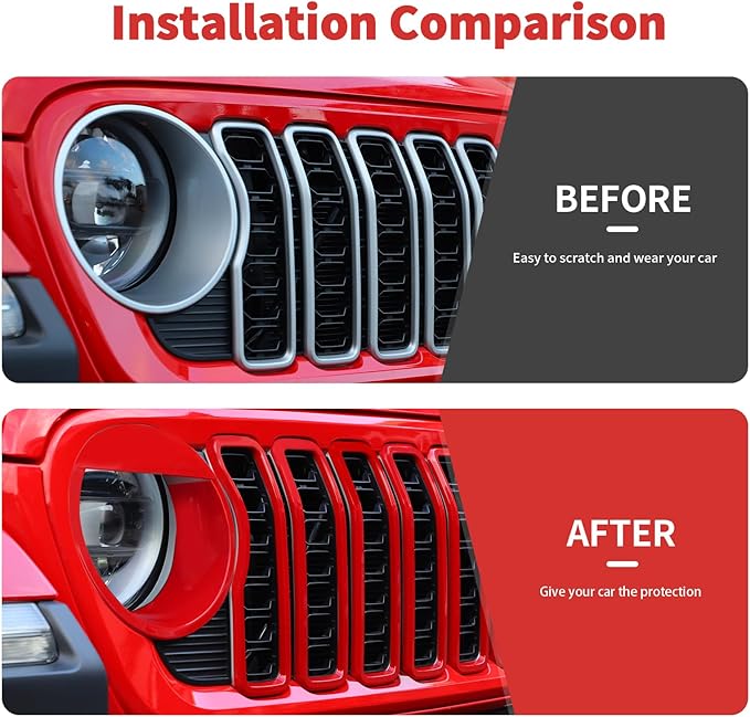 Front Grill Insert+Headlight Bezels Cover Kit Compatible with 2024-2025+ Jeep Wrangler JL JLU & Gladiator JT, Not Fit for JL Sport & Sports(Red,Style A)