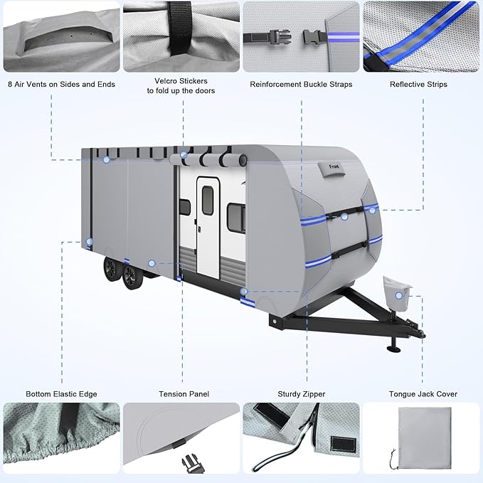 RV Cover 24-27ft, 7 Layers Rip-Stop Travel Trailer RV Cover, Heat & Cold Protection Camper Cover with 4 Zippered Access Panels Design, Carry Bag, Windproof Straps, 4 Tire Covers