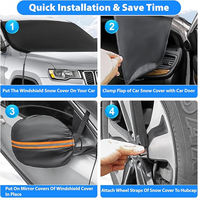 BOGI Windshield Cover for Ice and Snow, Heavy Duty 600D Windshield Snow Cover with 2 Mirror Covers Waterproof Car Cover for Snow Windshield Protector for Cars, SUVs, Trucks (77"x47")