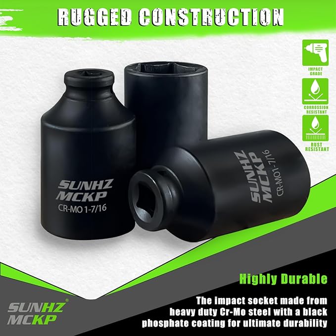 SUNHZMCKP 1/2 Impact Socket, SAE 1-7/16 In Deep 6 Point Socket, CR-MO, Axle Nut Impact Grade Socket for Easy Removal (SAE 1-7/16)