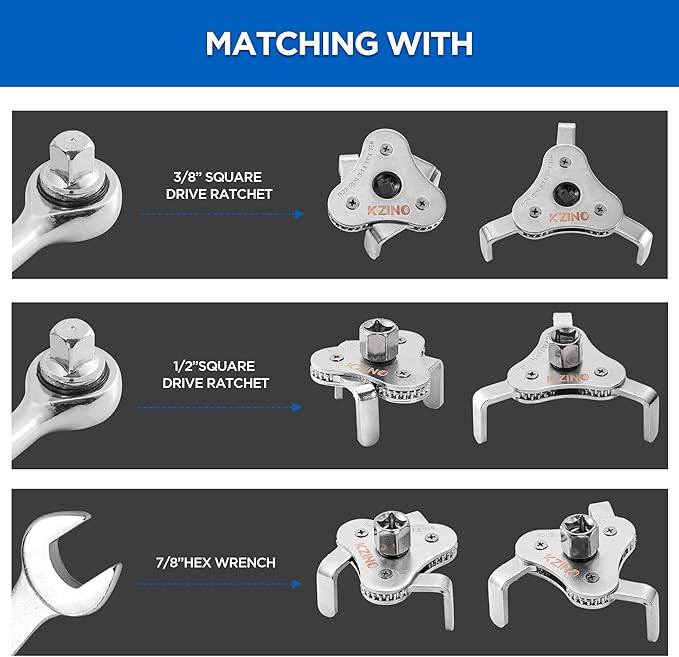 KZINO Oil Filter Removal Tool, Universal Oil Filter Wrench, Oil Filter Removal Tool Adjustable 2-1/2 to 4 inch & 3 to 5-1/2 inch, 1/2" Drive, Oil Filter Change Set (Flat & Round Set)