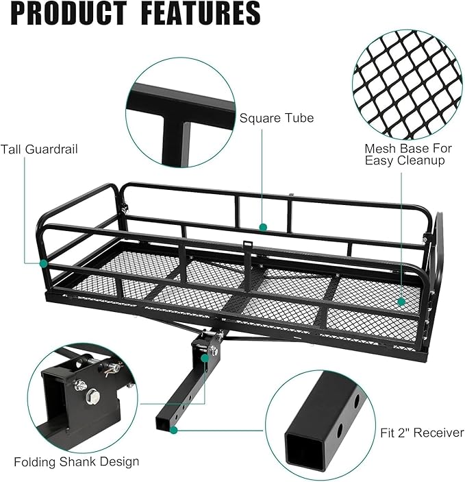 Trailer Hitch Cargo Rack, 60 x 24 x 14 Inch Folding Hitch Mount Cargo Carrier with High Side Rails for RV Truck SUV Van, 500 lbs. Capacity, 2" Receiver, Black