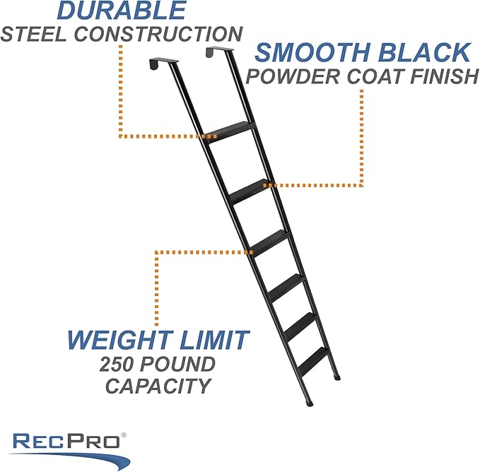 RecPro RV Bunk Ladder 85" | Black | Mounting Brackets Included | Aluminum | Made in USA