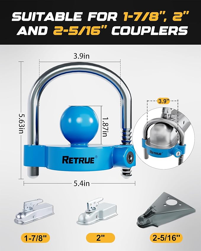 RETRUE Keyed Alike Trailer Lock Set Tow & Store Lock Kit Include Universal Coupler Lock & Dual Hitch Receiver Pin Lock & Trailer Tongue Lock, Blue