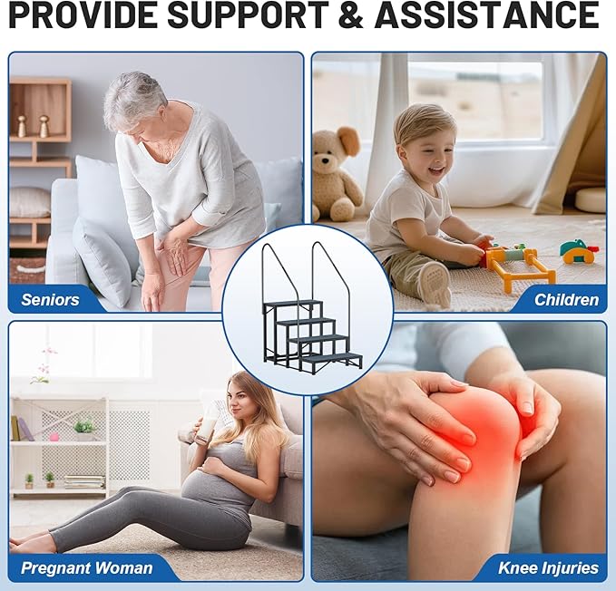 RV Steps Spa Steps with Handrail -4 Step Hot Tub Steps Trailer Steps Mobile Home Stairs for 5th Wheel RV, Trailer, Hot Tub, Pool, Porch with Non-Slip Mats