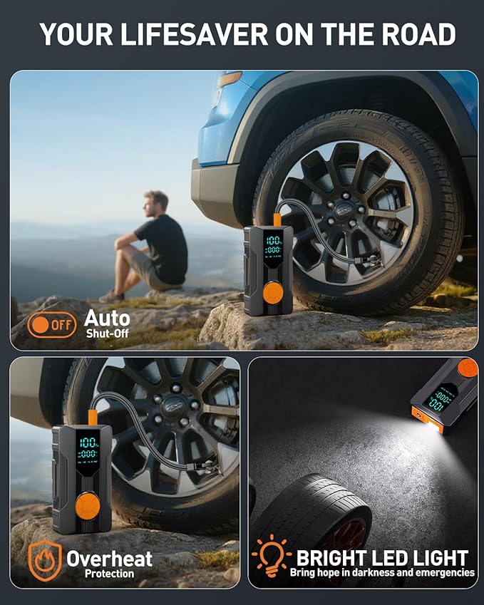 Jump Starter with Air Compressor, Car Battery Jump Starter (8.0 Gas/7.0L Diesel), Battery Jumper Starter Portable Jump Box, 12V Portable Car Jump Starter with Tire Inflator, LED Light