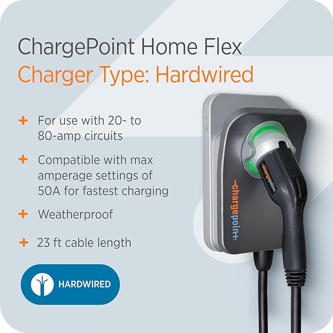 ChargePoint HomeFlex Level 2 EV Charger J1772 - Fast Smart Battery Power Charging at Home for Electric Automobile Vehicles - Hardwired for Electric Car