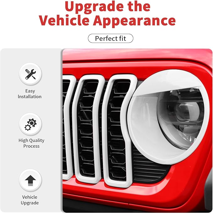 Front Grill Insert+ Headlight Bezels Cover Kit Compatible with 2024-2025+ Jeep Wrangler JL JLU & Gladiator JT, Not Fit for JL Sport & Sports(Wihte,Style A)