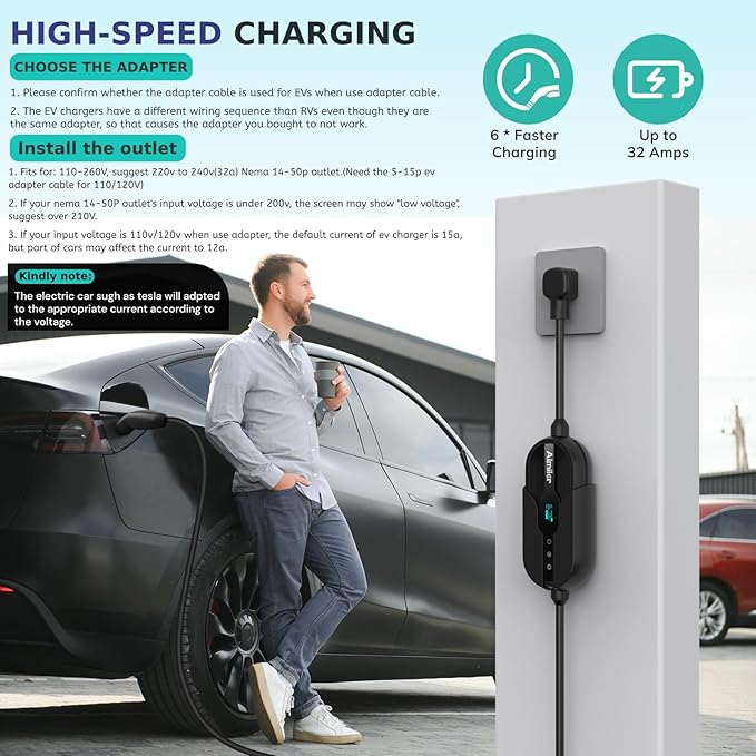 Level 2 Tesla Charger(Wireless WiFi APP), 240V, 32 Amp, NEMA 14-50 Plug, 25ft Cord - Portable/Home NACS Connector Electric Car(EV) Charger for Tesla - Compatible with Tesla Model X/Y/3/S