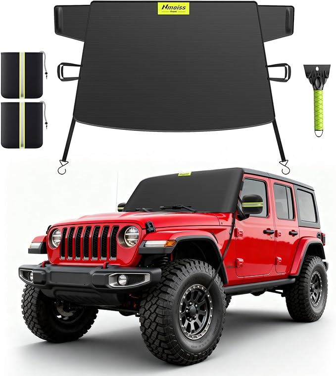 3-in-1 Windshield Snow Cover for Jeep Wrangler & Gladiator — XS Size Low-Windshield Frost Guard with Ice Scraper, Heavy-Duty 600D Oxford Waterproof & 360° Windproof Protection for Off-Road SUVs