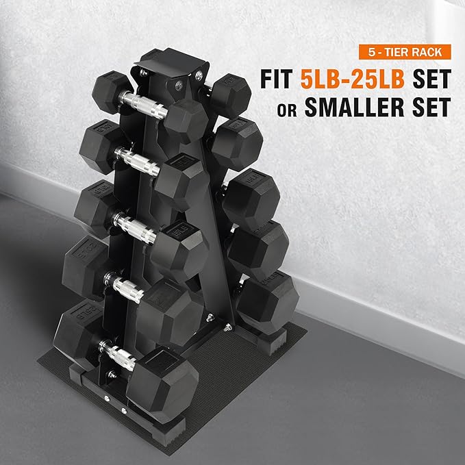 Rubber Encased Hex Dumbbell Set with Rack, 5-20LB or 5-25LB Hand Weights with Anti-Slip Grip for Exercise & Fitness, Dumbbell Weights Set for Home Gym, 100LB or 150LB Set Options