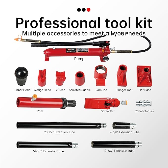 10 Ton (20,000 lbs Capacity) Porta Power Jack Hydraulic Ram Auto Body Frame Collision Repair Kit Set, 16-Pcs, with Blow Mold Carrying Case for Cars, Trucks, SUVs & More