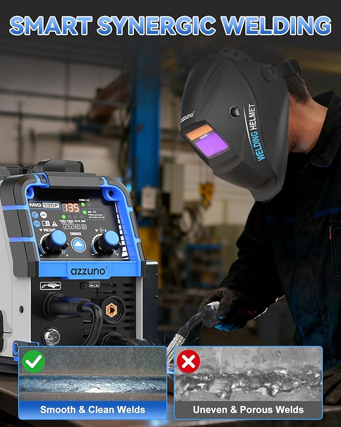 AZZUNO MIG Welder 135A 110V, 3 in 1 Flux Core Gasless MIG Welder/Lift TIG/Stick Welding Machine, Portable Wire Feed Welder Machine with Auto Darkening Welding Helmet
