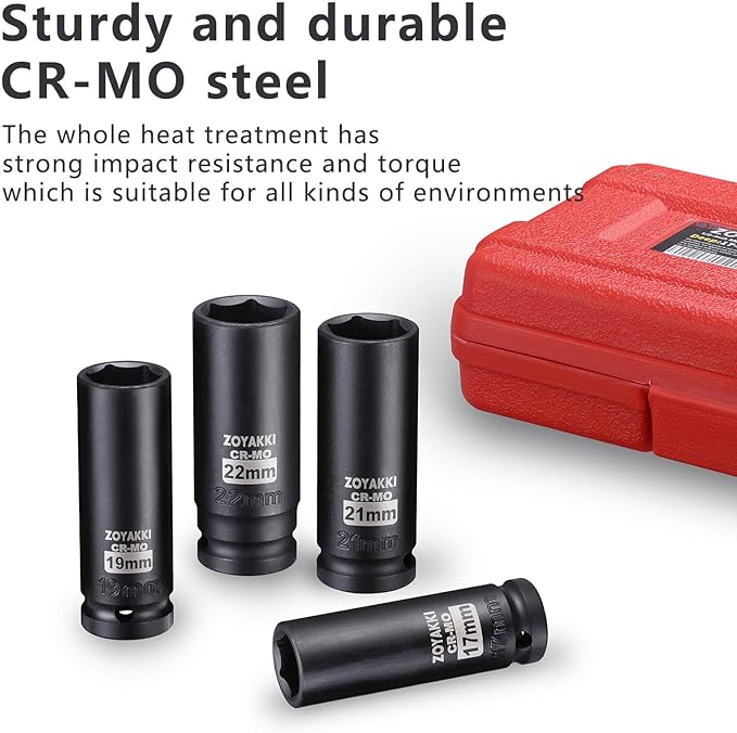 4 Pieces 1/2-Inch Drive Deep Impact Socket Set, (17-19-21-22mm), Metric Socket Set, 6 Point,with a Storage Cage