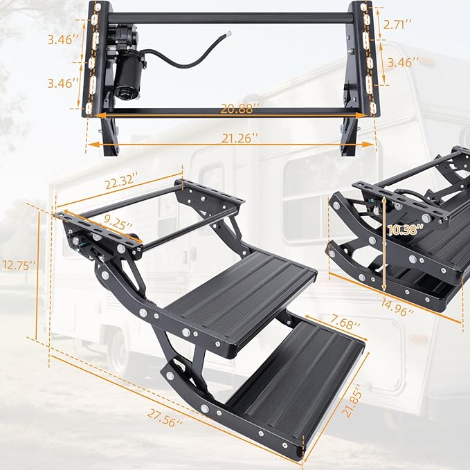 Electric RV Steps with LED Light, 2-Steps, 400 LBS Load Capacity, Foldable Aluminum Alloy Camper Steps, Thickened Steel Plate Trailer Steps, Non-Slip Design, Ideal for RV, Trailer, Camper, Black