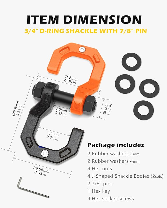 Separate D-Ring Shackles, 2Pack 3/4" Separate D-Ring Shackles 7/8" Pin, 57320lbs Breaking Strength, Heavy Duty Forged Steel, D-Ring Towing Winch Shackle for Recovery, 4x4 Off-Road, BlackOrange