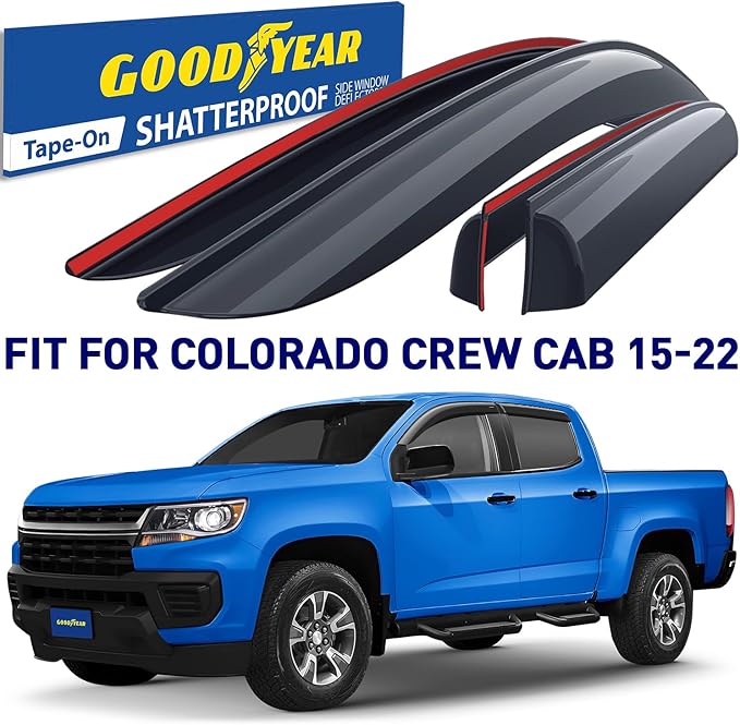 Goodyear Shatterproof Window Deflectors for Chevrolet (Chevy) Colorado/GMC Canyon 2015-2022 CrewCab, Tape-on Rain Guards, Window Visors, Vent Deflector Visor, Car Accessories, 4 pcs. - GY003244LP