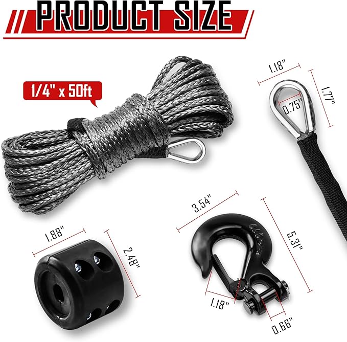 SPARKWHIZ Synthetic Winch Rope Kit 1/4" x 50ft 9500lbs Winch Rope Line Cable with Protective Sleeve, Rubber Stopper and Heavy Duty Winch Hook for Towing ATV UTV SUV