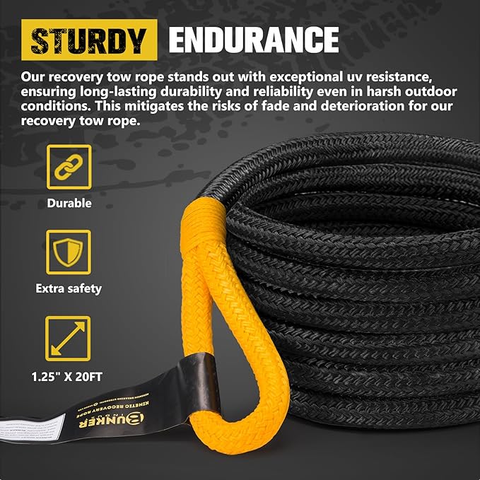 BUNKER INDUST 1.25"×20ft Kinetic Recovery Rope with 2 Soft Shackle Kit, 55000lbs Nylon Tow Rope Heavy Duty Snatch Strap Offroad Recovery Kit for 4x4 Jeep Truck ATV UTV SUV