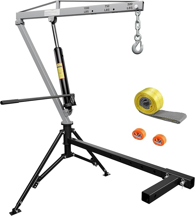 1000lbs Receiver Hitch Mounted Hydraulic 360° Swivel Truck Crane with 3 Boom Capacity Options: 500lbs, 750lbs, 1000lbs. Ideal for Workshops, Construction, Agriculture, and Logging,Gray