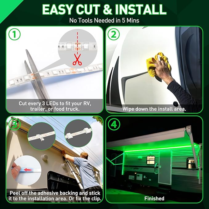 20FT RV Awning Light,12V Green Camper Awning Lighting,Waterproof LED Strip,Exterior Underglow Lighting for RV Motorhome Travel Trailer Food Truck Outdoor Party